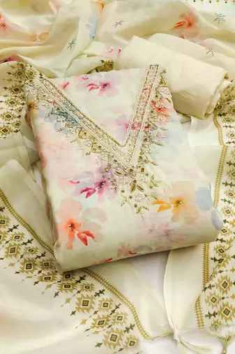 Cream color digital print lilan cotton straight churidar dress material