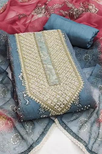 Teal color hand work simmer silk straight churidar dress material