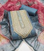 Teal color hand work simmer silk straight churidar dress material