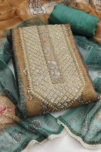 Green color hand work simmer silk straight churidar dress material