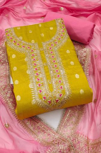 Yellow color weaving simmer silk straight churidar dress material