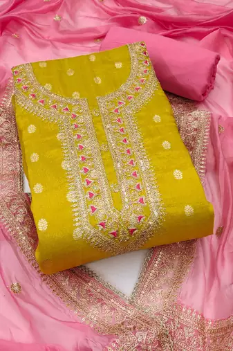 Yellow color weaving simmer silk straight churidar dress material