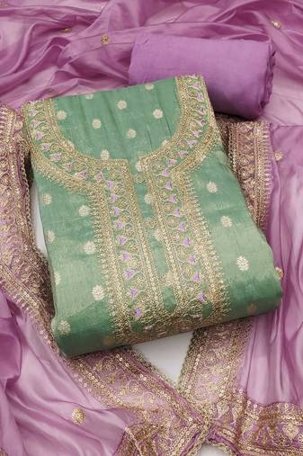 Green color weaving simmer silk straight churidar dress material