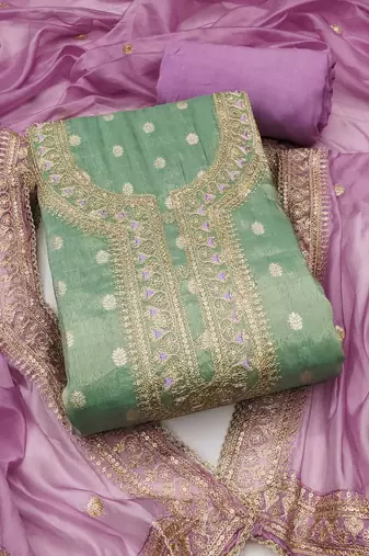 Green color weaving simmer silk straight churidar dress material