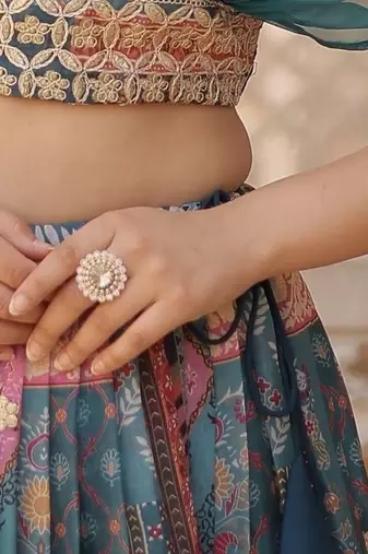 Russian Silk Semi-Stitched Kurta with Foil Embroidery & Printed Lehenga