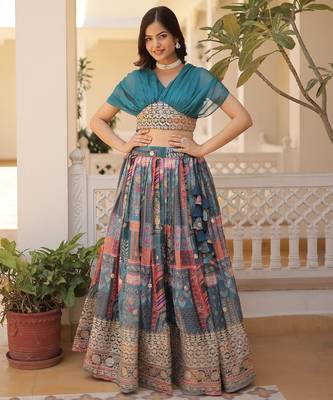 Russian Silk Semi-Stitched Kurta with Foil Embroidery & Printed Lehenga 1