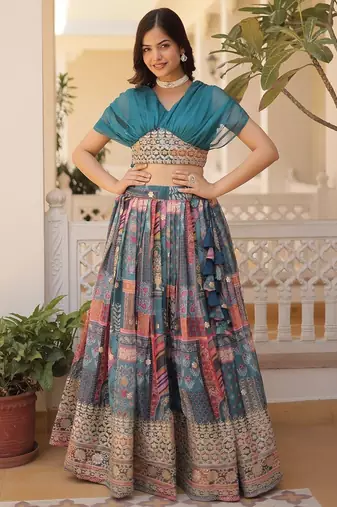 Russian Silk Semi-Stitched Kurta with Foil Embroidery & Printed Lehenga