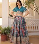 Russian Silk Semi-Stitched Kurta with Foil Embroidery & Printed Lehenga