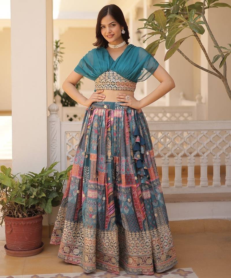 Russian Silk Semi-Stitched Kurta with Foil Embroidery & Printed Lehenga