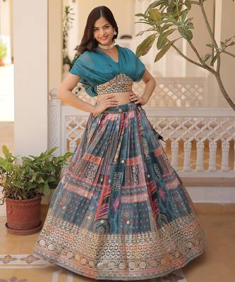 Russian Silk Semi-Stitched Kurta with Foil Embroidery & Printed Lehenga 3