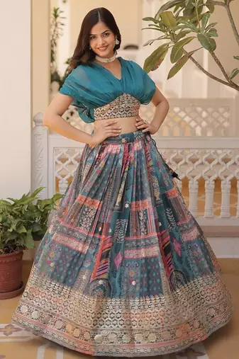 Russian Silk Semi-Stitched Kurta with Foil Embroidery & Printed Lehenga