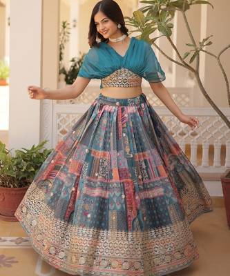 Russian Silk Semi-Stitched Kurta with Foil Embroidery & Printed Lehenga 4