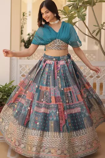 Russian Silk Semi-Stitched Kurta with Foil Embroidery & Printed Lehenga