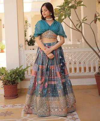 Russian Silk Semi-Stitched Kurta with Foil Embroidery & Printed Lehenga 5