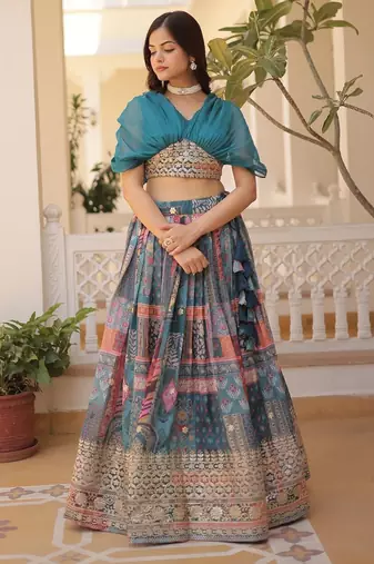 Russian Silk Semi-Stitched Kurta with Foil Embroidery & Printed Lehenga