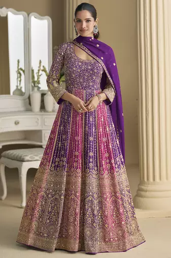 Violet georgette embroidered seroski zarkan gown with embroidered dupatta