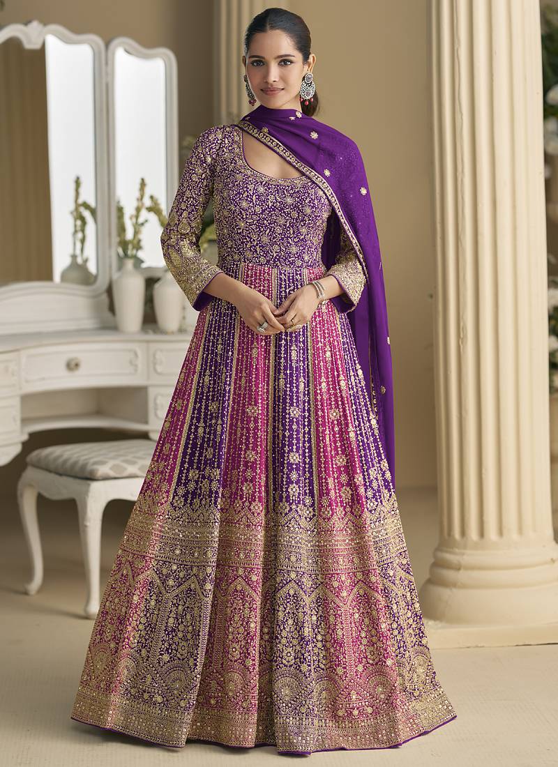 Violet georgette embroidered seroski zarkan gown with embroidered dupatta