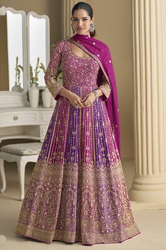 Purple georgette embroidered seroski zarkan gown with embroidered dupatta