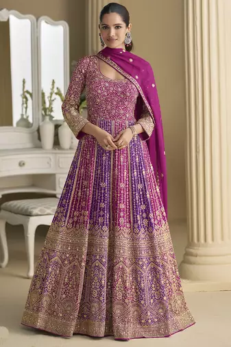 Purple georgette embroidered seroski zarkan gown with embroidered dupatta