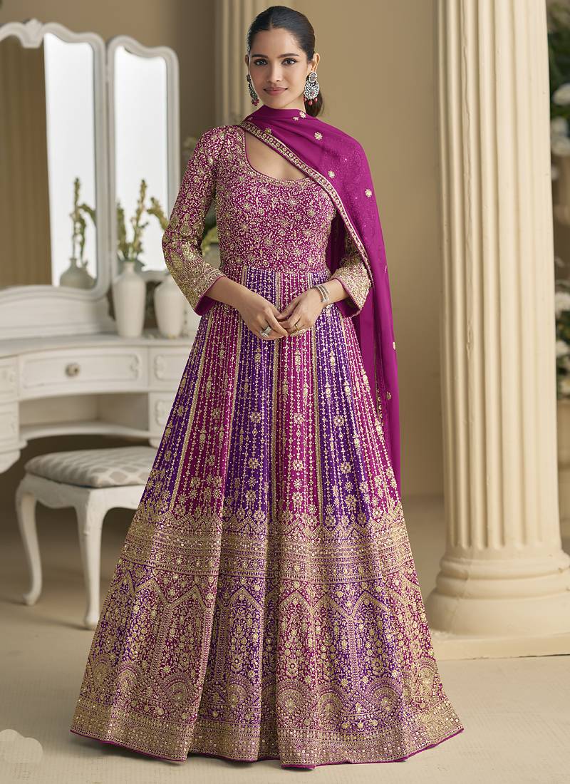 Purple georgette embroidered seroski zarkan gown with embroidered dupatta