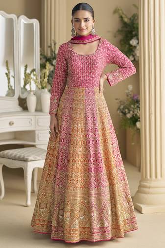 Pink embroidered seroski zarkan gown with embroidered dupatta