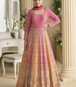 Pink embroidered seroski zarkan gown with embroidered dupatta