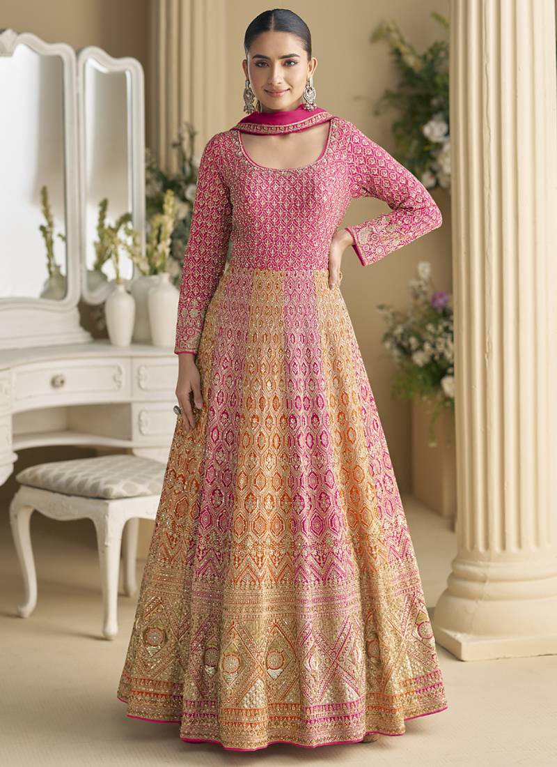 Pink embroidered seroski zarkan gown with embroidered dupatta