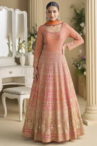 Orange embroidered seroski zarkan gown with embroidered dupatta