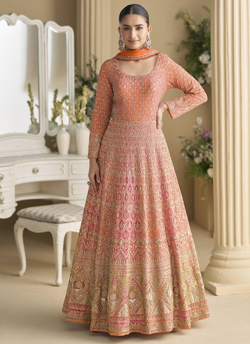 Orange embroidered seroski zarkan gown with embroidered dupatta