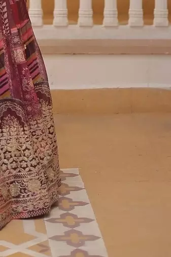 Russian Silk Semi-Stitched Kurta with Printed Foil Embroidery – Wine