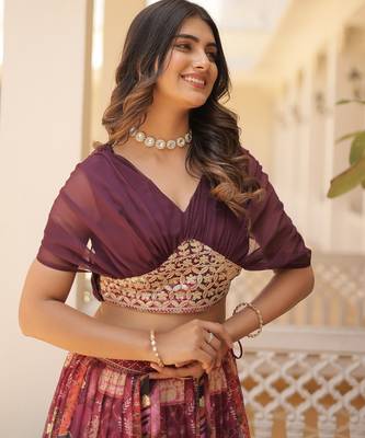Russian Silk Semi-Stitched Kurta with Printed Foil Embroidery – Wine 4