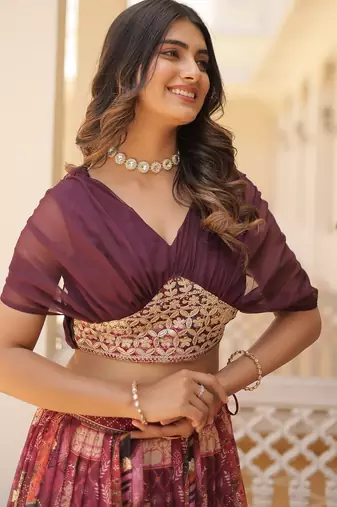 Russian Silk Semi-Stitched Kurta with Printed Foil Embroidery – Wine