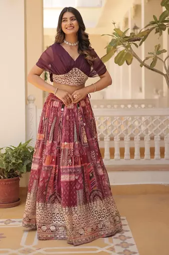 Russian Silk Semi-Stitched Kurta with Printed Foil Embroidery – Wine