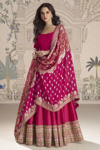 Rani pink viscos jacquard silk embroidered gown with viscos dupatta