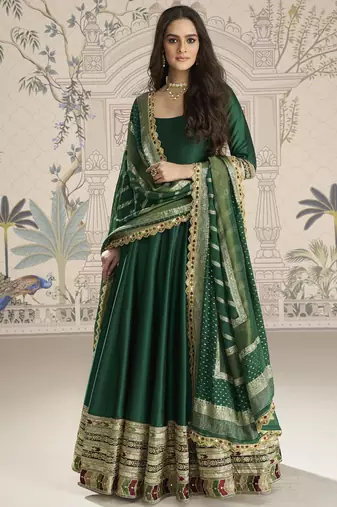 Green viscos jacquard silk embroidered gown with viscos dupatta