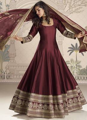 Maroon viscos jacquard silk embroidered gown with viscos dupatta 1
