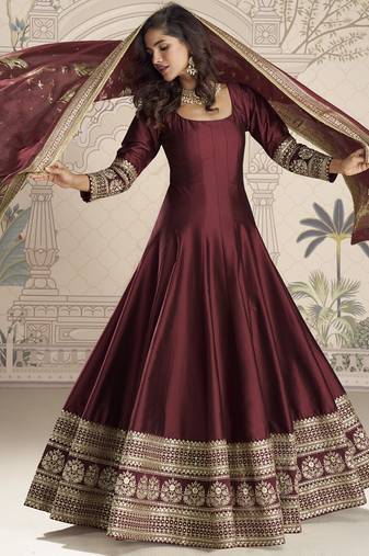 Maroon viscos jacquard silk embroidered gown with viscos dupatta