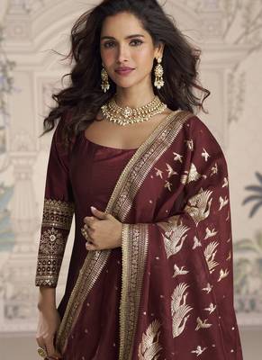 Maroon viscos jacquard silk embroidered gown with viscos dupatta 2