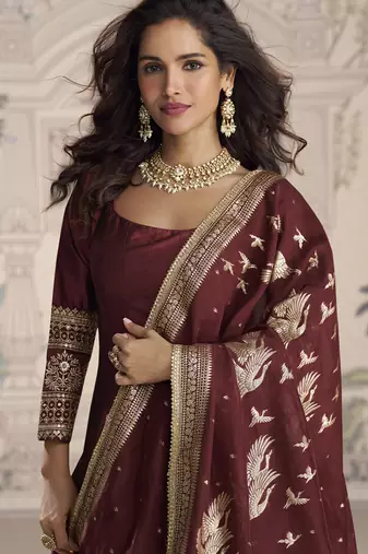Maroon viscos jacquard silk embroidered gown with viscos dupatta