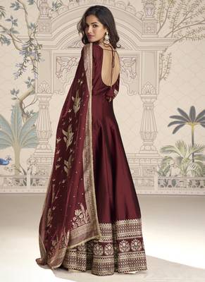 Maroon viscos jacquard silk embroidered gown with viscos dupatta 3