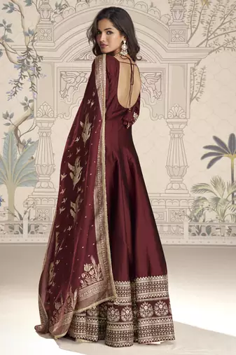 Maroon viscos jacquard silk embroidered gown with viscos dupatta