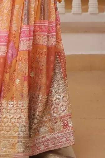 Russian Silk Semi-Stitched Kurta with Printed Foil Embroidery – Yellow