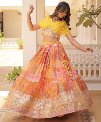 Russian Silk Semi-Stitched Kurta with Printed Foil Embroidery – Yellow 1