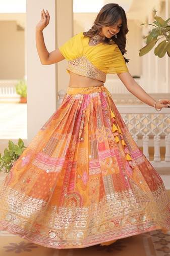 Russian Silk Semi-Stitched Kurta with Printed Foil Embroidery – Yellow