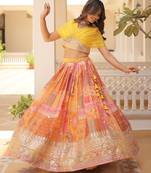 Russian Silk Semi-Stitched Kurta with Printed Foil Embroidery – Yellow