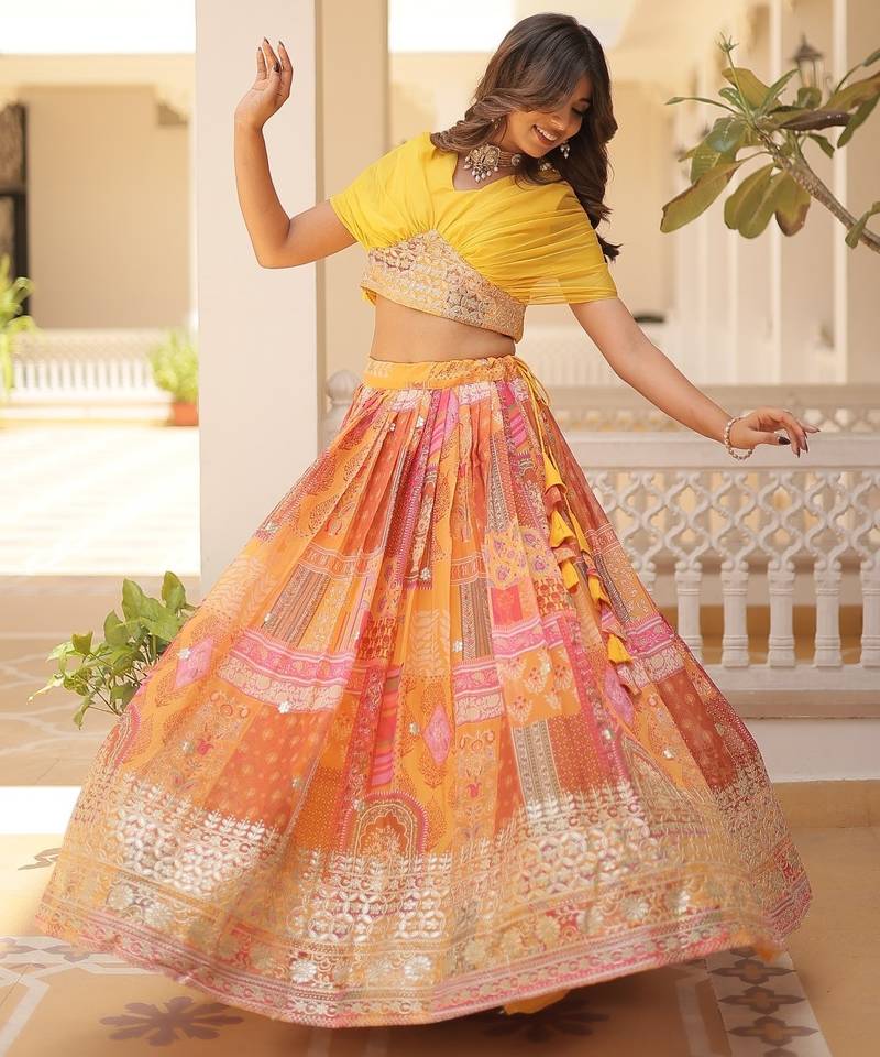 Russian Silk Semi-Stitched Kurta with Printed Foil Embroidery – Yellow