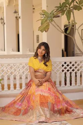 Russian Silk Semi-Stitched Kurta with Printed Foil Embroidery – Yellow