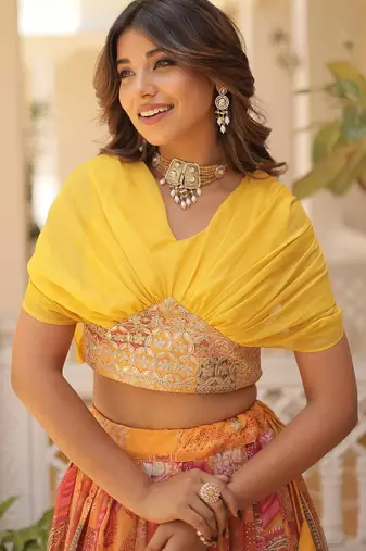 Russian Silk Semi-Stitched Kurta with Printed Foil Embroidery – Yellow
