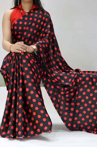 black color polka dots print heavy japan satin saree with unstitched blouse