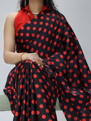 black color polka dots print heavy japan satin saree with unstitched blouse 2